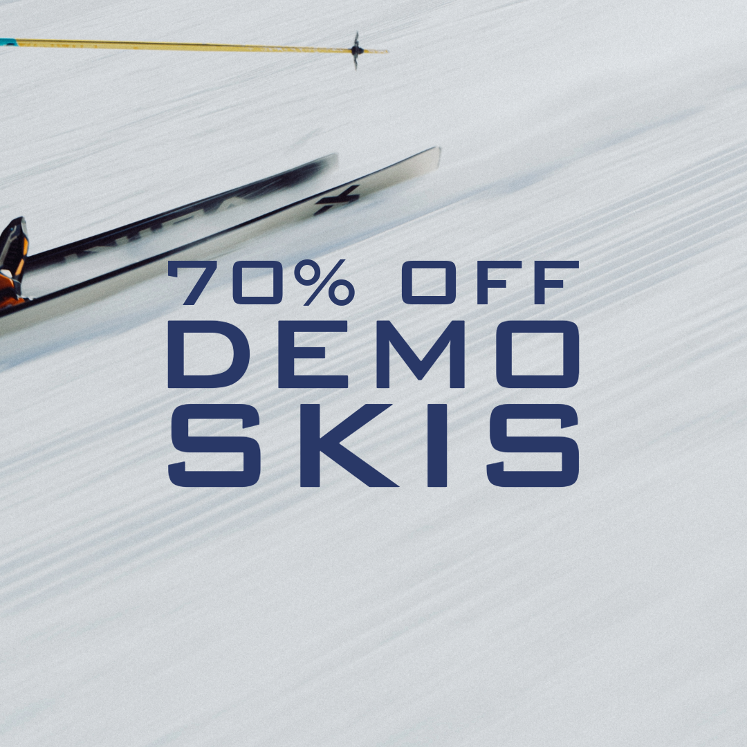 Ski on a snowy slope with '70% OFF DEMO SKIS' text overlay